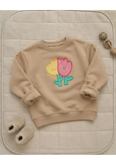 Tuffy Kız Bebek Latte Renkli Fluffy Lale Motifli Sweatshirt Bej