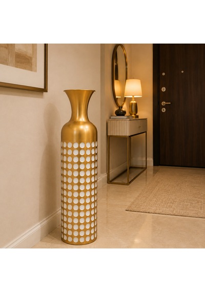 Seramik Görünümlü Metal Dekoratif Yer Vazosu Gold Beyaz Puantiyeli Modern Salon Vazosu Beyaz - Gold