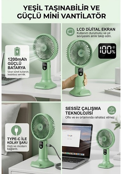 Şarjlı Standlı Güçlü El Fanı Masaüstü Mini Vantilatör 1200mah 5 Kademe Hız Ayarı Dijital Gös