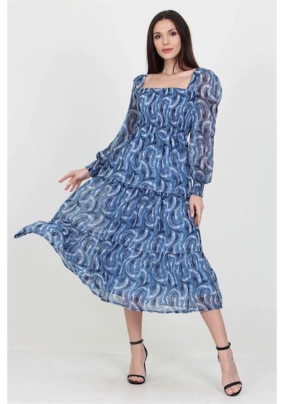 Neşeli Butik Kadın İndigo Desenli Kare Yaka Gipeli Şifon Elbise Nb10036 Indigo