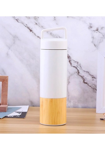 Beyaz & Bambu Detaylı Termos 600 Ml