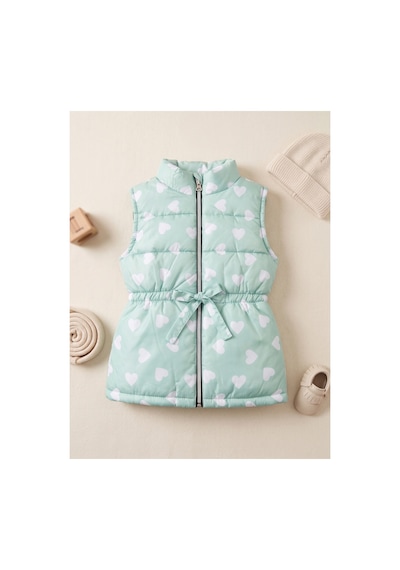 Deniva Kids Kız Çocuk Mint Yeşili Kalp Desenli Beli Fermuarlı Şişme Yelek