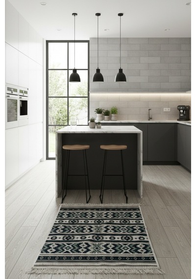Minimal Lacivert Modern Desen Çift Taraflı Makinede Yıkanabilir Ev İçi & Dış Mekan Uyumlu Kilim Renkli