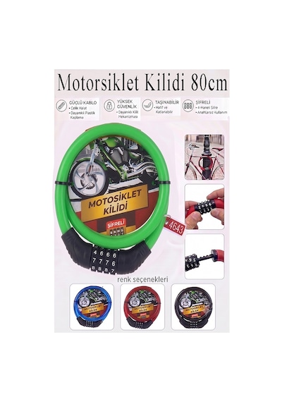 Şifreli Motosiklet Kilidi 80 Cm 1 Adet K-3682 Çelik Halat Plastik Kaplamalı Bisiklet Kiliti Motorsiklet Scooter Kapı Yeşil
