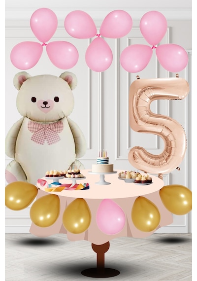 5 Yaş Retro Folyo Krem Ayıcık Pembe Gold Balon Rose Gold Rakam Doğum Günü Süsleme KREM