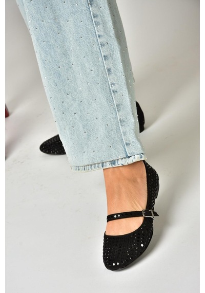 Fox Shoes U726634504 Siyah Kumaş Taş Detaylı Babet Siyah-kumaş Siyah
