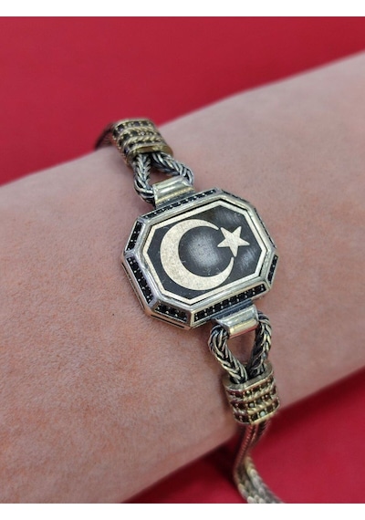 Modagümüşevi 925 Ayar Gümüş Ay Yıldızlı El Yapımı Hasır Bileklik, Ayyıldızlı Erkek Bileklik