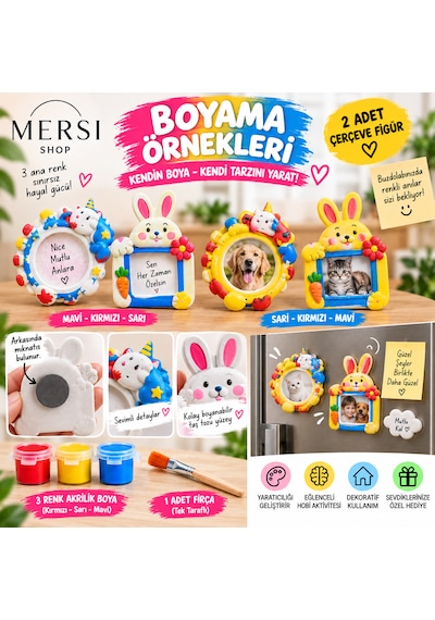 2 Li Kendin Boya Taş Tozu Magnet Seti Tavşanlı Çerçeve Figürleri Boyama Hobi Seti