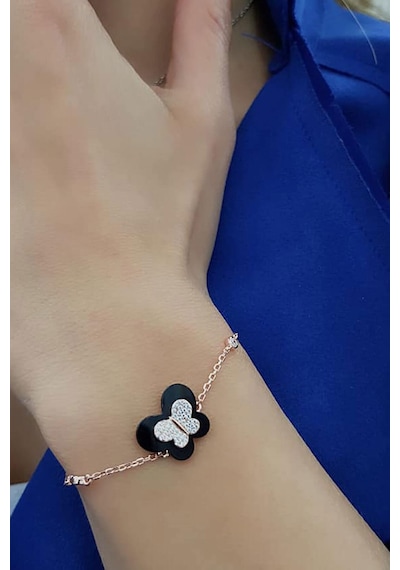 Oniks Ve Zirkon Taşlı Gümüş Üzerine Rose Altın Kaplama Bileklik