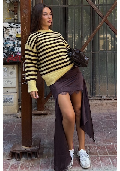 Madmext Sarı Çizgili Bisiklet Yaka Oversize Kadın Kazak Mg2894
