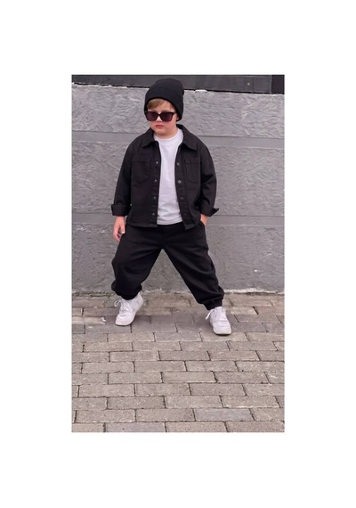 Toikids Erkek Çocuk Gabardin Gömlek Yaka Ceketli Jogger Pantolonlu 2'li Takım Siyah