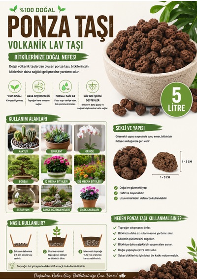 5 Lt Doğal Ponza Taşı Saksı Drenajı İçin Volkanik Taş Kaktüs, Sukulent, Orkide Ve Tüm Bitkiler İçin 5 Litre