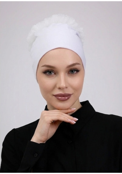 Alivascarf Fırfırlı Dikişsiz Penye Bone - Kadın Tesettür Bağlamalı Topuz İç Bone Ekru