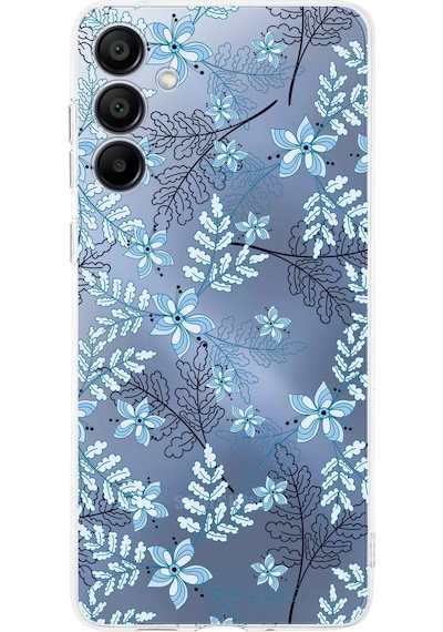 Samsung Galaxy A16 Uyumlu Kamera Korumalı Floral Mavi Tasarımlı Şeffaf Silikon Kılıf