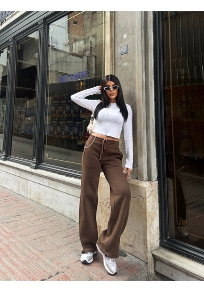 Out Of Standart Kadın Wide-leg Kalıp Beli Lastikli Kordon Detaylı Eşofman Altı Kahve
