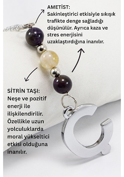 Doğal Taşlı Gümüş Renk Ç Harfi Araba Dikiz Ayna Süsü, Ametist, Si