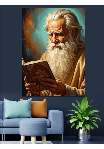 Ahşap Tablo Kitap Okuyan Sakallı Bilge
