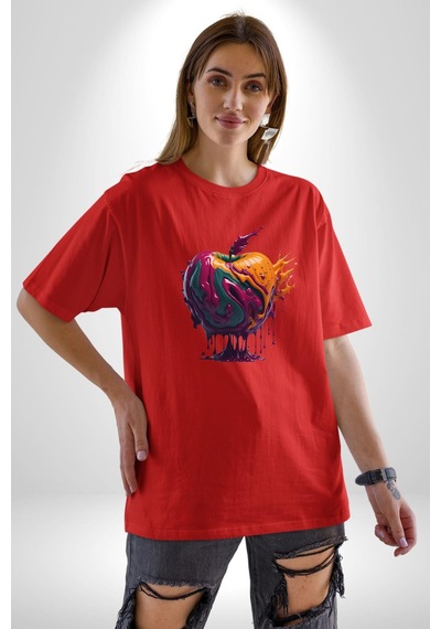 Yağlı Boya Elma Pamuklu Bisiklet Yaka Unisex Oversize Boyfriend Dijital Baskılı Kırmızı T-shirt Kırmızı