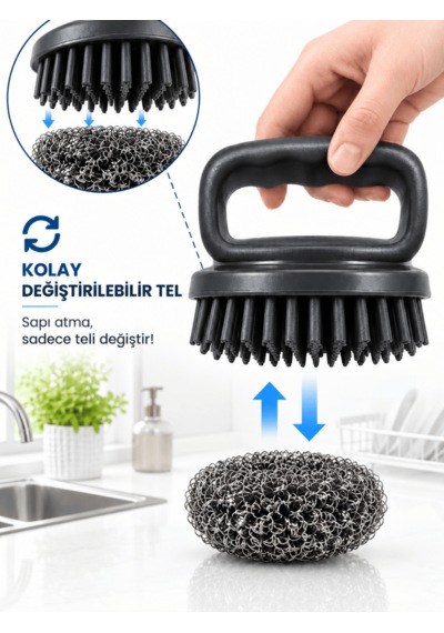 20gr Tutma Saplı Bulaşık Teli Ergonomik Saplı Paslanmaz Çelik Ovma Teli Yedek Tel Hediyeli