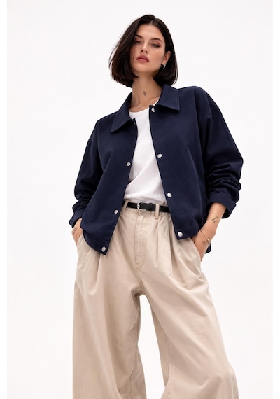 Kadın Oversize Basic Gabardin Mevsimlik Polo Yaka Ceket-385 Lacivert