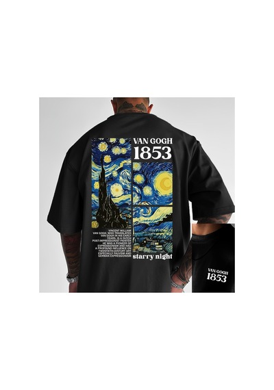 Caddemia Yaz  Moda Rahat Gevşek Haraç Van Gogh Ünlü Tablo Baskılı Yuvarlak Boyun Siyah 2XL