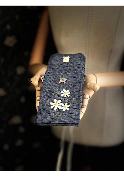 Meadov Nakış İşlemeli Keten Telefon Çantası, Telefon Kılıfı V27 Mavi
