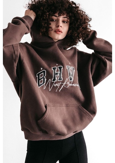 Mad Girls Kahverengi Nakışlı Kapüşonlu Sweatshirt Mg812 Kahverengi