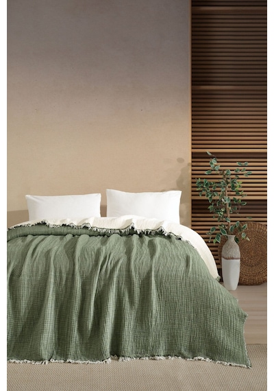 Varol Tek Kişilik 5 Katlı %100 Pamuk Müslin Yatak Örtüsü - Yeşil Yesıl/160x230cm Yeşil