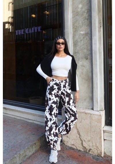 Kechi Woman Kadın Gabardin İnek Desenli Beli Lastikli Jogger Pantolon Kw3166