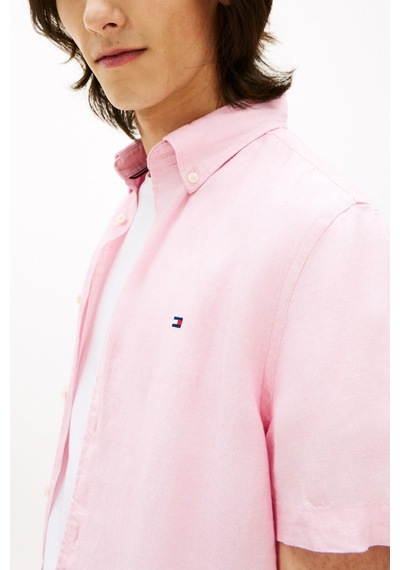Tommy Hilfiger % 100 Keten Regular Fit Kısa Kollu Pembe Erkek Gömlek-15997