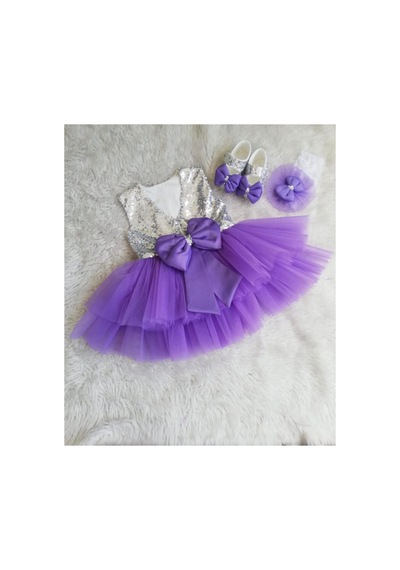 Hayy Baby Kids Wear Gümüş Paletli Mor Tütü Elbise
