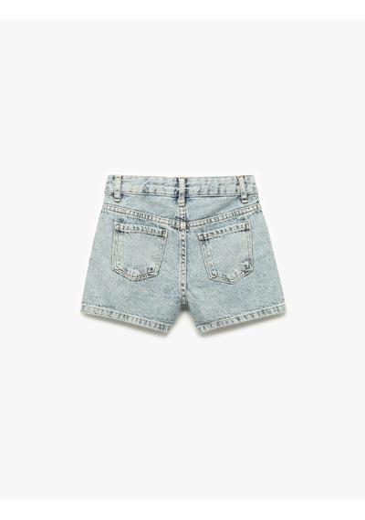 Koton Pamuklu Slim Fit Taş Detaylı Denim Şort Lıght Indıgo 5skg40146ad Açık Mavi