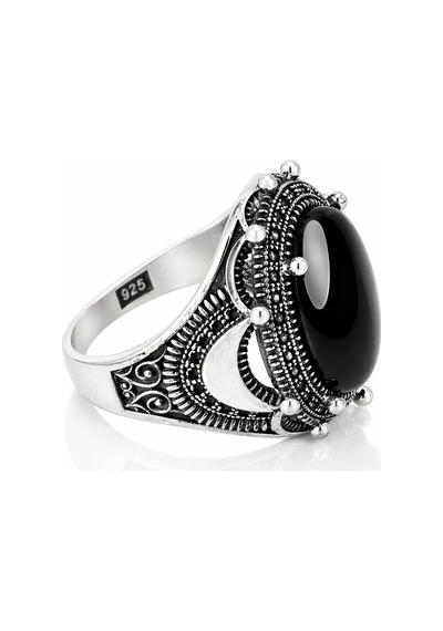 Nur Silver Oval Siyah Oniks Erkek Yüzük 925 Ayar Gümüş Yüzük - Nur-yz83520