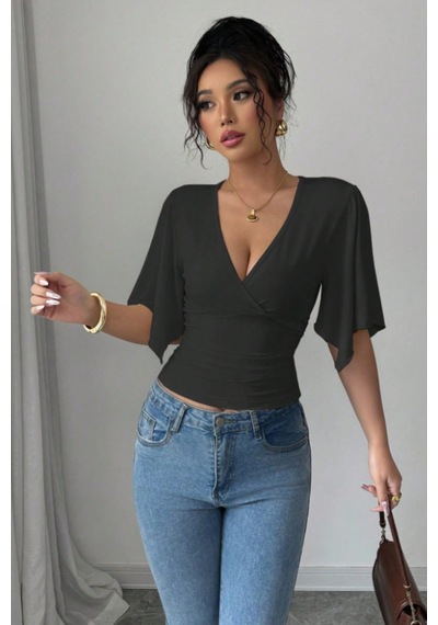 Kadın Kruvaze Yaka Yarasa Kol Likralı Şık T-shirt Siyah