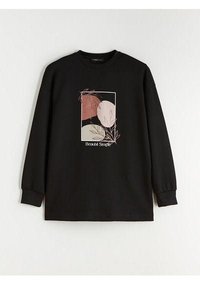 Lcw Everyday Siyah Bisiklet Yaka Baskılı Oversize Kadın Tunik