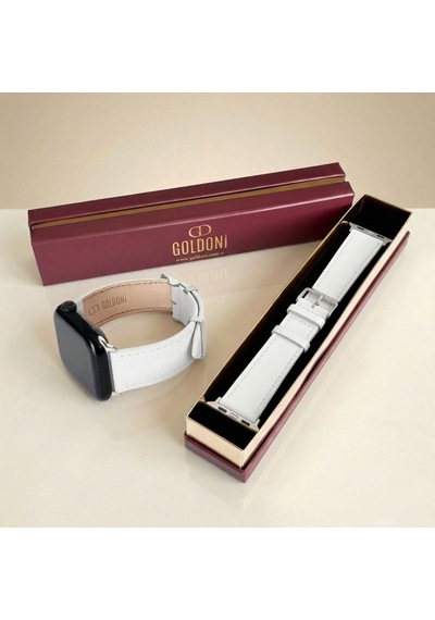 Goldoni Apple Watch Uyumlu Beyaz İnce Gerçek Deri Kordonu Metal Köprülü
