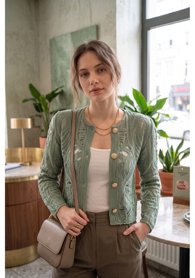 Sayzen Your Shine Dantel Desenli Gold Düğmeli Basic Ceket Çağla