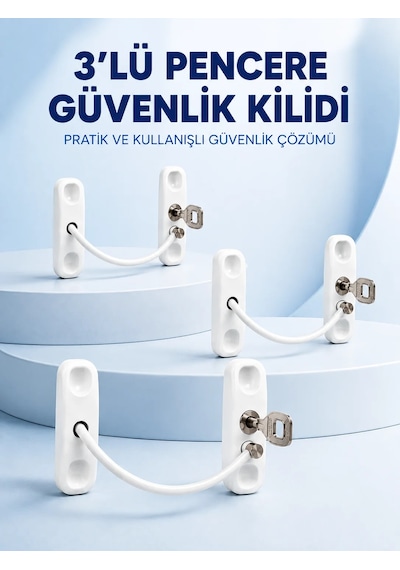 3 Adet Pencere Güvenlik Kilidi Esnek Bağlantılı Anahtarlı Koruma Seti Beyaz
