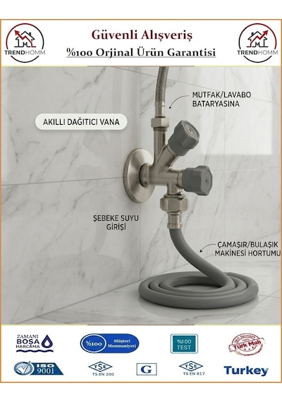 Trendhomm Çift Çıkışlı Ara Musluk - Bulaşık Makinası Ve Mutfak Batarya Çıkışı - %100 Prinç Gri - Gümüş