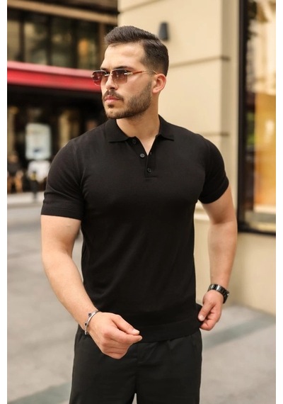 Valensdesign Erkek Düğmeli Yaka Pamuk Triko Tişört Siyah