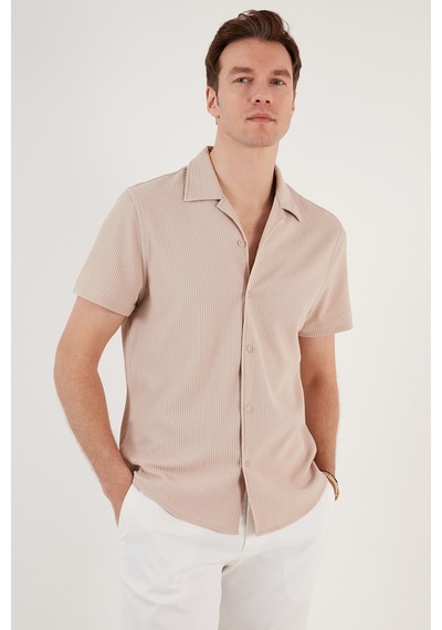 Buratti Pamuk Karışımlı Apaş Yaka Kısa Kollu Regular Fit Erkek Gömlek Cf24S115882 Taş