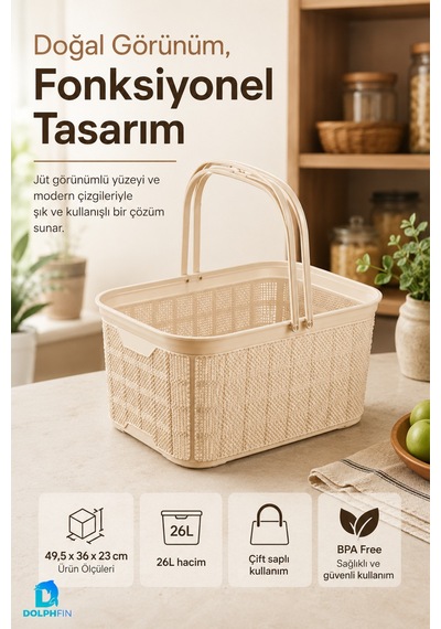 Jute Alışveriş Sepeti 26 L Çok Amaçlı Saklama Taşıma Sepeti Çamaşır Oyuncak Düzenleyici Bej