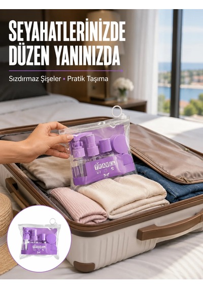 5 Parça Seyahat Kişisel Bakım Seti Şişe Sprey Krem Kutulu Yeni Nesil Mor