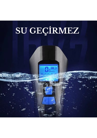 Greatech Şarjlı Bisiklet Lcd Hız Göstergesi Su Geçirmez Led Işık Km Ekran Kronometre Bisiklet Kornası Feneri Siyah - Mavi