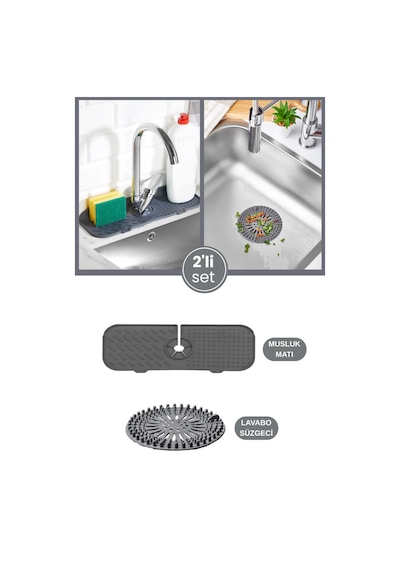 2 Li Lavabo Matı Ve Süzgeç Seti, Musluk Sünger Matı + Süzgeçli Banyo Küvet Evye Tıkacı Gider Kapağı Gri