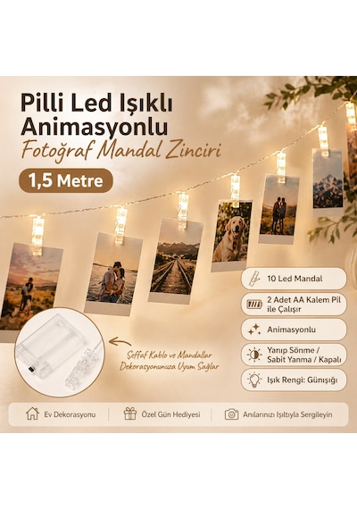 Led Işıklı Fotoğraf Asma Mandalları Pilli Animasyonlu 10 lu 1,5 Metre Zincir Dekoratif Aydınlatma