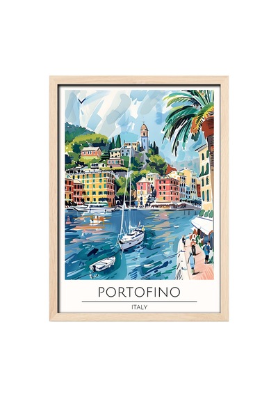Portofino Italy Travel Poster Ahşap Çerçeveli Dekoratif Duvar Tablosu Ahşap 01