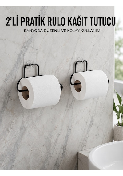 2 Adet Siyah Yapışkanlı Kağıtlık Duvar Tipi Tuvalet Kağıdı Ve Rulo Tutucu Diğer