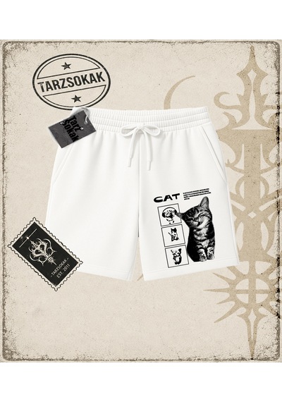 Tarzsokak Gotik & Grunge Streetwear Cat Retro 5 Unisex Şort Beyaz