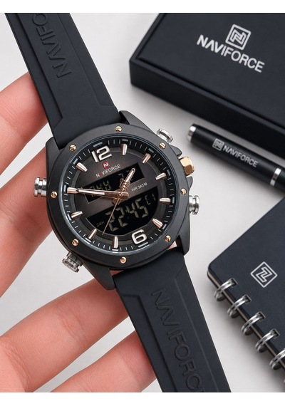 Naviforce Silokon Kordon Dijital & Analoğ Mekanizma Bileklik Hediyeli 3 Atm Erkek Kol Saati Nf9264.1 Siyah